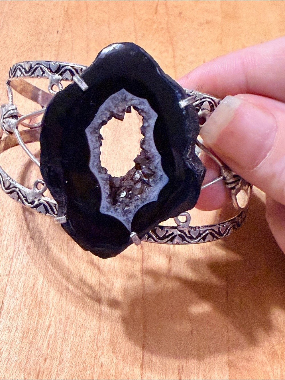Handcrafted Black Druzy Geode Silver Cuff Bracelet - 925 Plated/Stamped